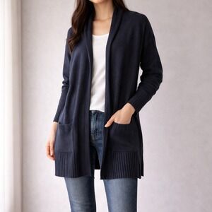 OVI Women's Navy Blue Knit Cardigan – Shawl Collar, Pockets, Size L